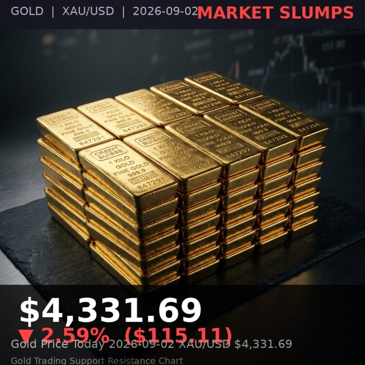 Gold Price Today 2026-09-02 - XAU/USD $4,331.69 - stacked gold bullion bars on dark background
