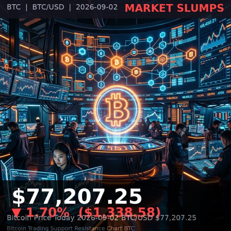 Bitcoin Price Today 2026-09-02 - BTC/USD $77,207.25 - glowing bitcoin coin on dark background