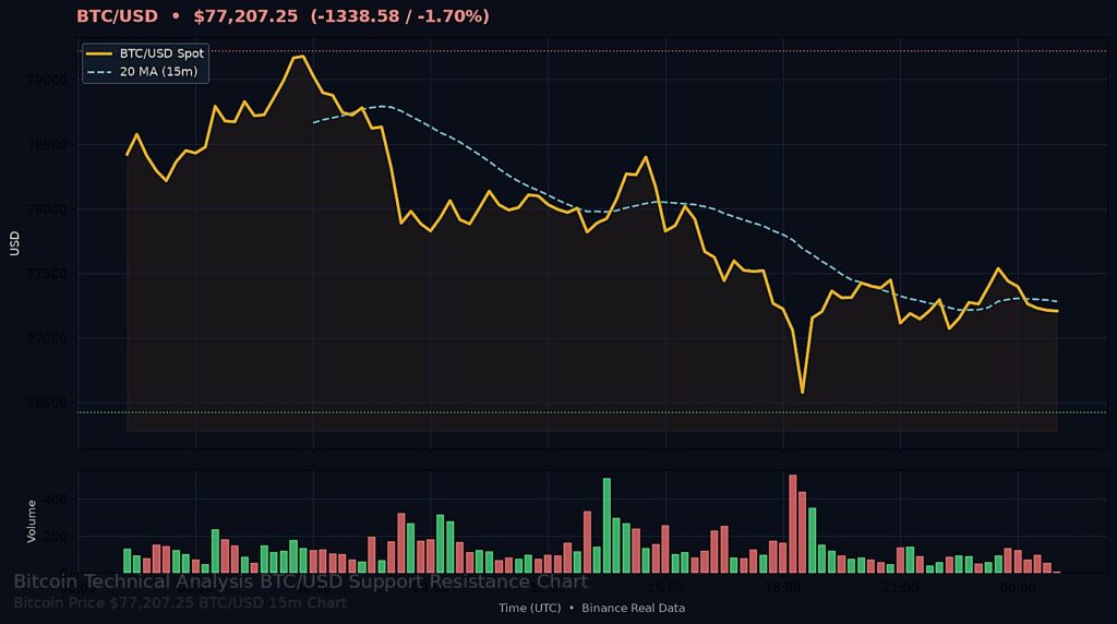 Bitcoin Price Today 2026-09-02 - BTC/USD $77,207.25 - glowing bitcoin coin on dark background