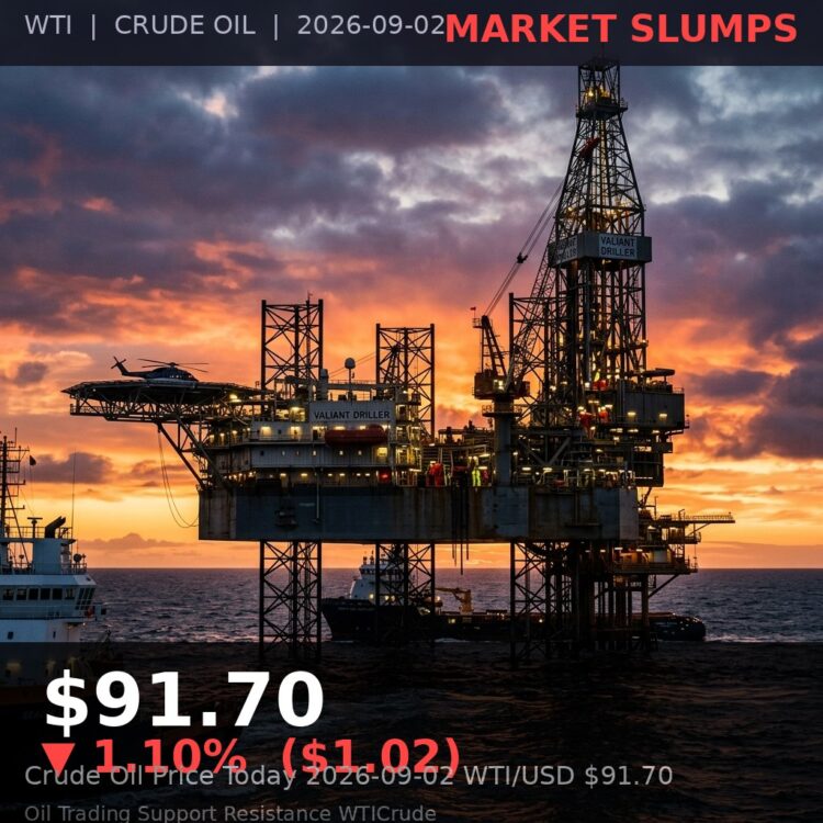 Oil Price Today 2026-09-02 - WTI/USD $91.70 - crude oil drilling rig at sunset