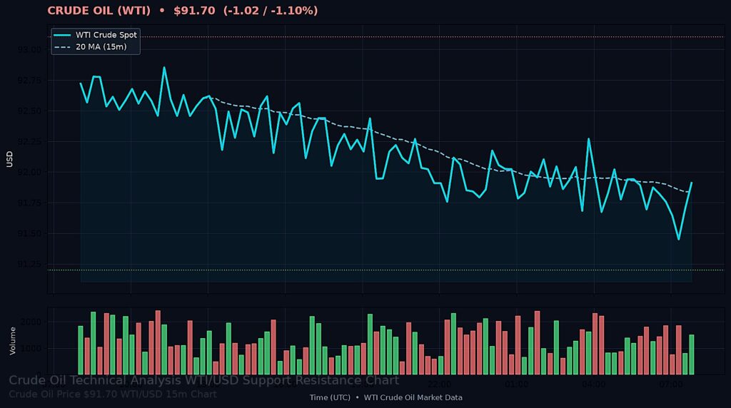 Oil Price Today 2026-09-02 - WTI/USD 15-minute chart with support at $91.20 and resistance at $93.10