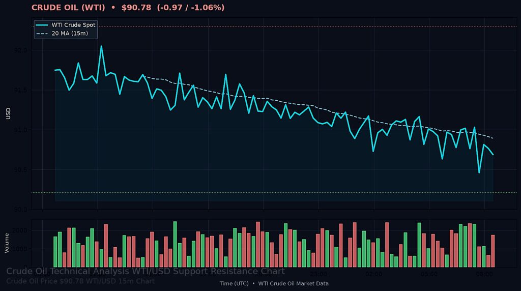 Oil Price Today 2026-09-03 - WTI/USD 15-minute chart with support at $90.21 and resistance at $92.30