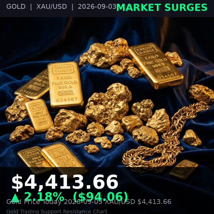 Gold Price Today 2026-09-03 - XAU/USD $4,413.66 - stacked gold bullion bars on dark background
