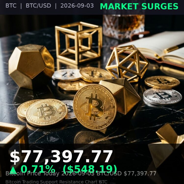 Bitcoin Price Today 2026-09-03 - BTC/USD $77,397.77 - glowing bitcoin coin on dark background