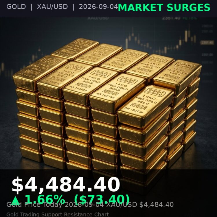 Gold Price Today 2026-09-04 - XAU/USD $4,484.40 - stacked gold bullion bars on dark background
