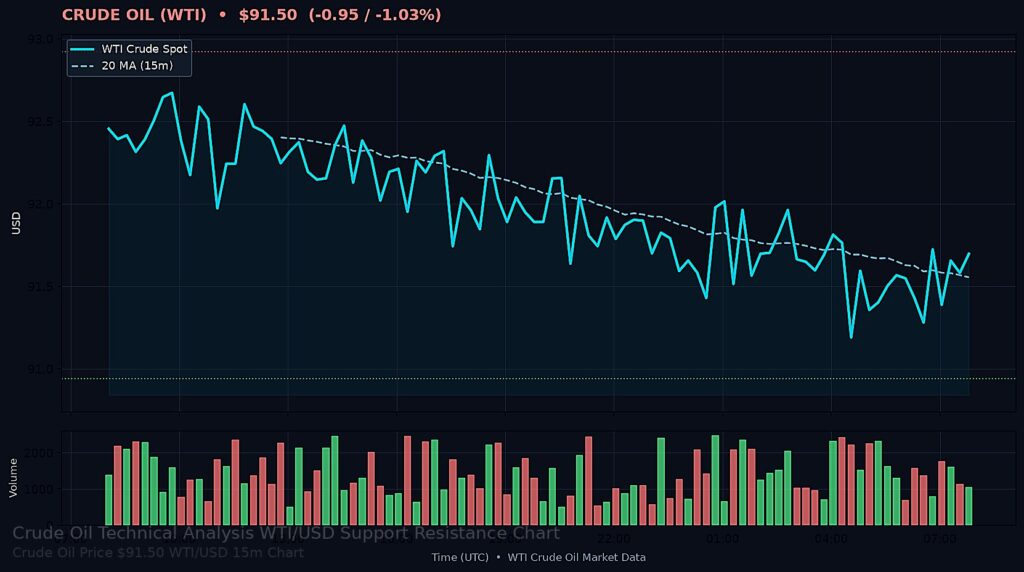 Oil Price Today 2026-09-04 - WTI/USD 15-minute chart with support at $90.94 and resistance at $92.92