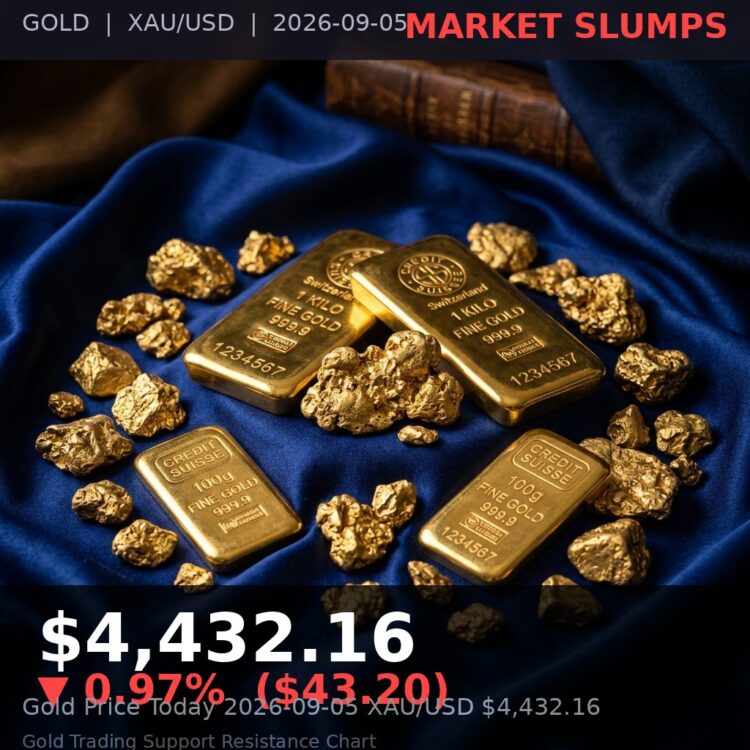 Gold Price Today 2026-09-05 - XAU/USD $4,432.16 - stacked gold bullion bars on dark background
