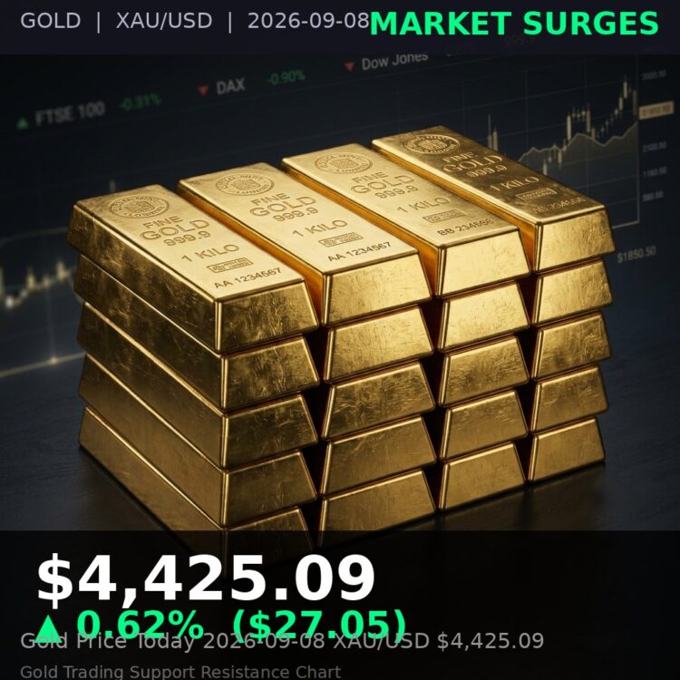 Gold Price Today 2026-09-08 - XAU/USD $4,425.09 - stacked gold bullion bars on dark background
