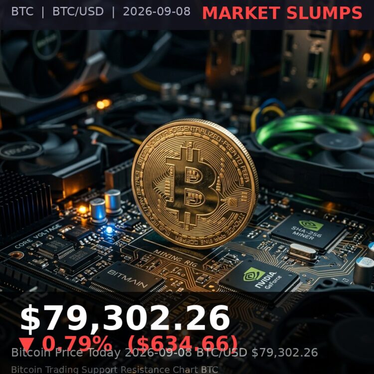 Bitcoin Price Today 2026-09-08 - BTC/USD $79,302.26 - glowing bitcoin coin on dark background