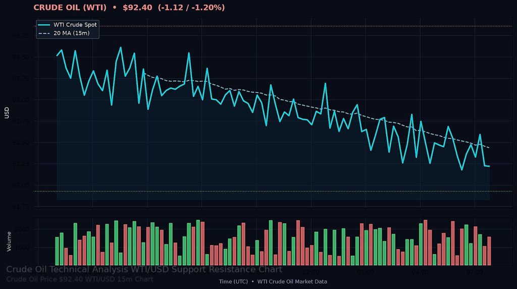 Oil Price Today 2026-09-08 - WTI/USD 15-minute chart with support at $91.93 and resistance at $93.86