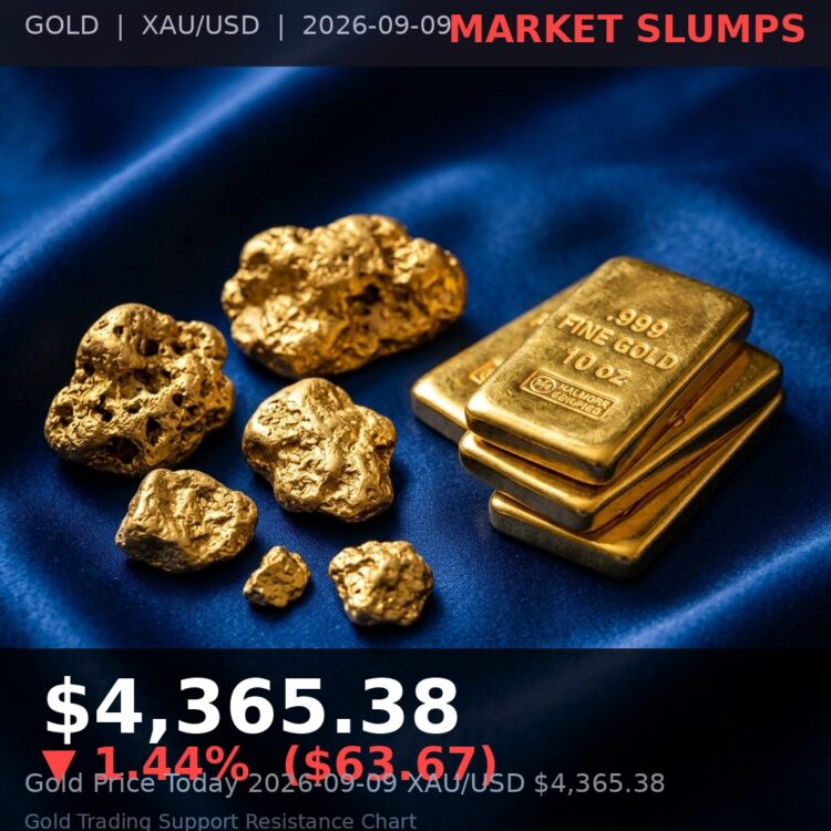 Gold Price Today 2026-09-09 - XAU/USD $4,365.38 - stacked gold bullion bars on dark background