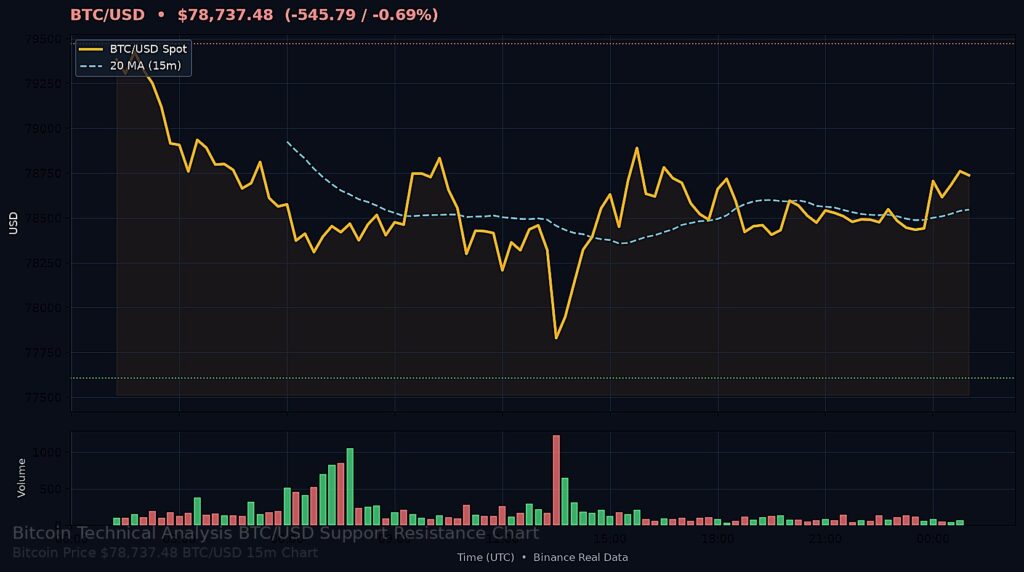 Bitcoin Price Today 2026-09-09 - BTC/USD 15-minute chart with support at $77,605.58 and resistance at $79,470.22