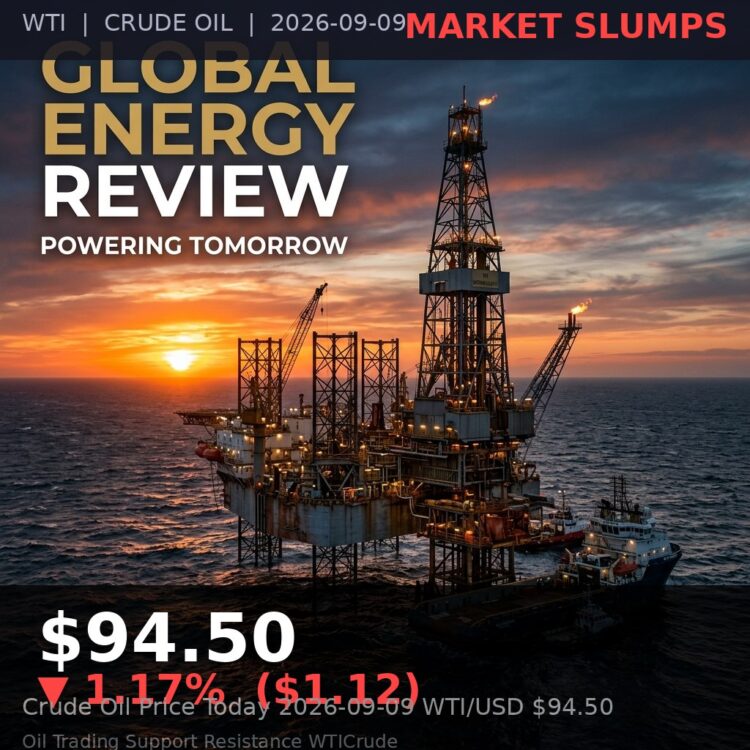 Oil Price Today 2026-09-09 - WTI/USD $94.50 - crude oil drilling rig at sunset