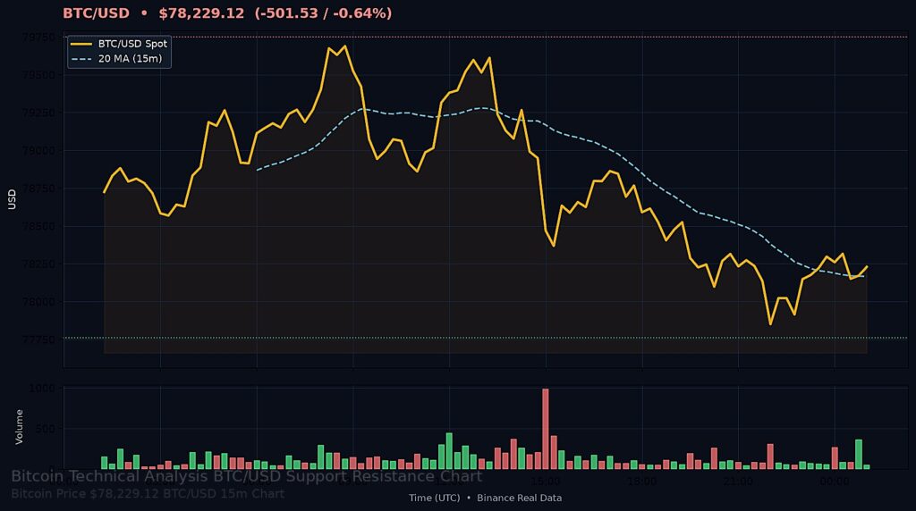 Bitcoin Price Today 2026-09-10 - BTC/USD 15-minute chart with support at $77,760.77 and resistance at $79,750.53