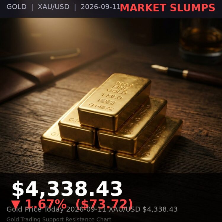 Gold Price Today 2026-09-11 - XAU/USD $4,338.43 - stacked gold bullion bars on dark background