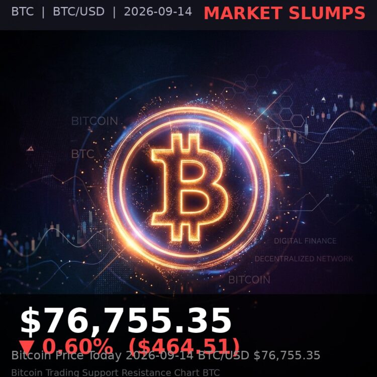 Bitcoin Price Today 2026-09-14 - BTC/USD $76,755.35 - glowing bitcoin coin on dark background