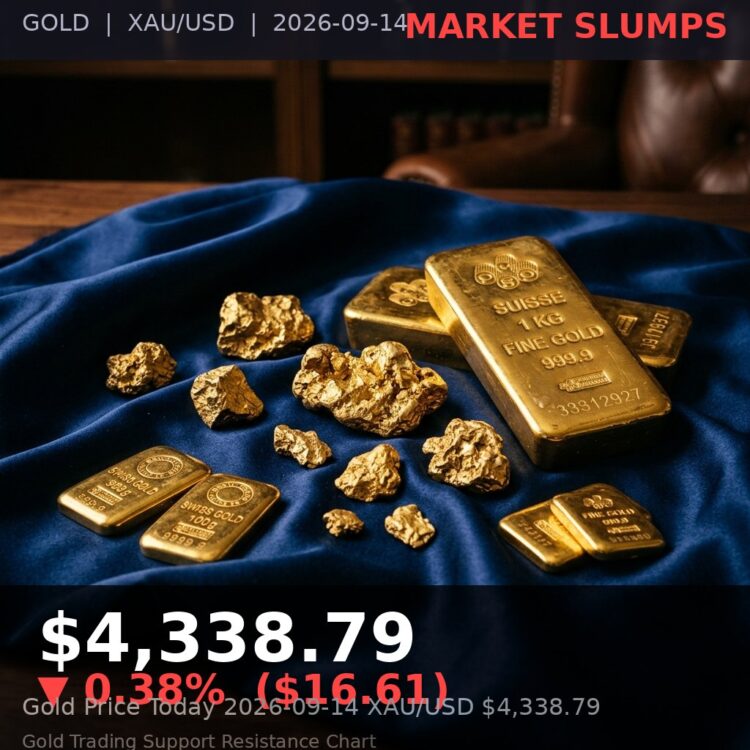 Gold Price Today 2026-09-14 - XAU/USD $4,338.79 - stacked gold bullion bars on dark background